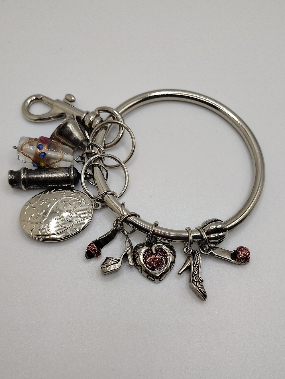 Silver Tone Women's Charm Bracelet with Pink Glitter Accents